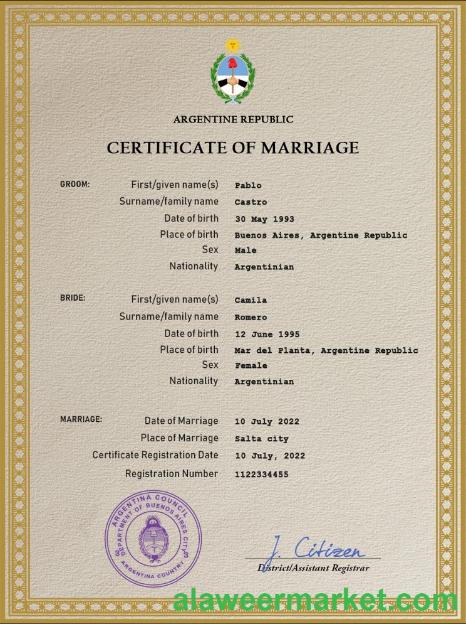 Argentina marriage certificate PSD template